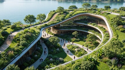 Fototapeta premium Modern green architecture complex with rooftop gardens near blue water. Sustainable eco buildings feature organic curves, integrated landscapes. People walk along winding paths through plants, trees