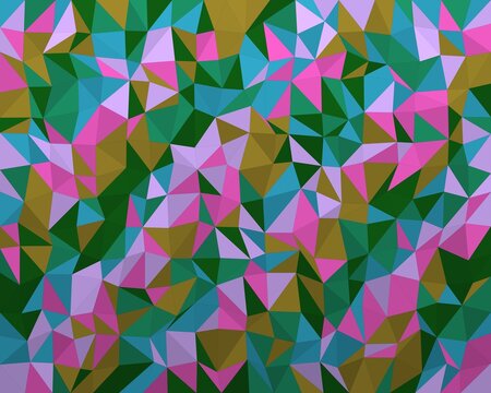 Low poly geometric pattern with pink green and blue triangles for abstract backgrounds.