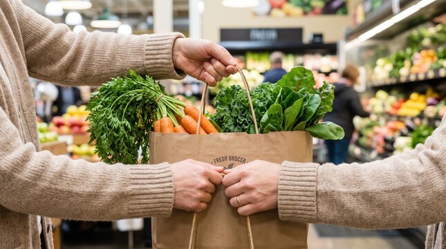 Hands holding paper bag with fresh organic vegetables like carrots and kale in supermarket, healthy eating, grocery shopping lifestyle, farm to table food, sustainable living