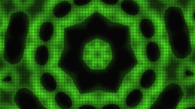 Abstract green digital kaleidoscope pattern with glowing pixelated matrix grid shapes and hypnotic motion blur lighting effects