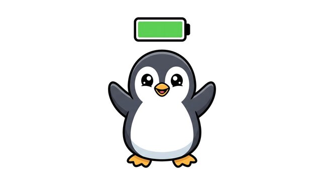 Cute Cartoon Penguin with Green Battery above head. Happy bird mascot character icon. Vector illustration for rechargeable power concepts, tech graphics, and animal branding.