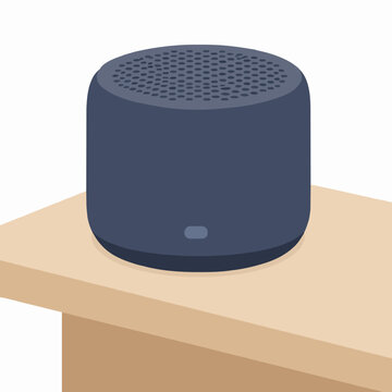 Hand-traced vector illustration of a modern dark blue cylindrical bluetooth speaker resting on the corner of a light wooden desk, minimalist flat design tech icon isolated background