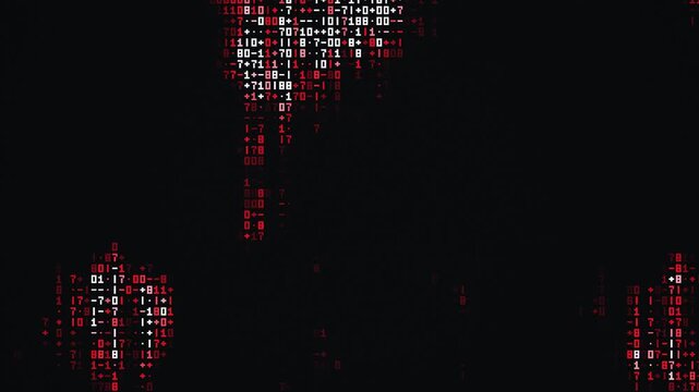 Red digital binary code stream flowing down against a dark black background creating a high tech atmosphere