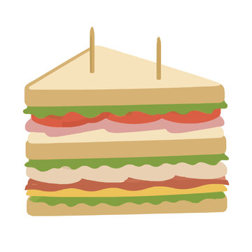 Hand-traced vector illustration of a tall layered club sandwich with fresh lettuce, ripe tomatoes, cheese, and meat fillings, secured with two wooden toothpicks on top of crusty bread slices