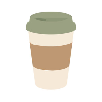 Hand-traced vector illustration of a takeaway coffee cup with a sage green sipping lid and a warm brown cardboard sleeve, minimalist flat design icon for cafe and beverage themes
