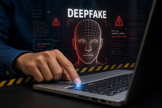 Hands typing on laptop with deepfake warning and digital face on screen