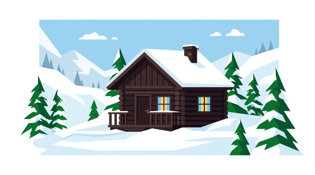 Rustic Log Cabin Winter Landscape Vector Illustration