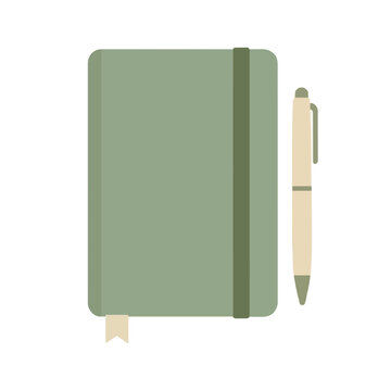 Sage green journal notebook with elastic closure band and matching ballpoint pen beside, minimalist hand-drawn flat vector icon illustration for stationery and writing concepts