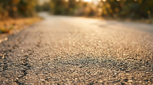 Low angle close up of an asphalt road texture at sunset, scenic asphalt road stretching into the distance with golden bokeh, empty asphalt road for travel and journey concepts.
