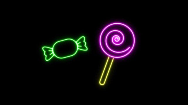 Neon Halloween Candy and Swirl Lollipop Flickering Loop Animation on Transparent Background with Alpha Channel