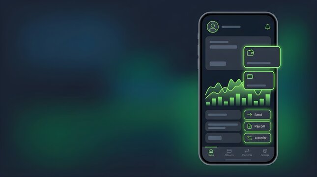 Mobile banking app interface with financial charts and neon green ui design