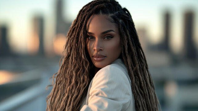 Confident Black woman with long blonde dreadlocks, wearing white blazer, standing outdoors with city skyline background, sunset lighting