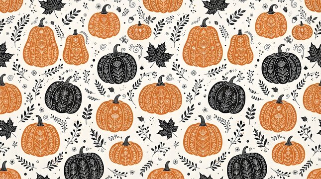 Seamless pattern with decorative pumpkins and autumn leaves in orange and black, folk art style illustration for seasonal autumn fabric design
