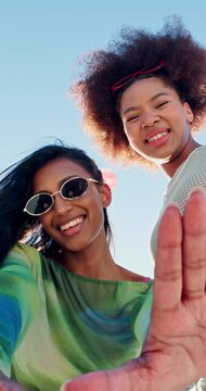 Fashion, selfie and smile with group of friends outdoor for holiday, travel or vacation in summer. Break, happy and sunglasses with people in fresh air for bonding, weekend memories or youth culture
