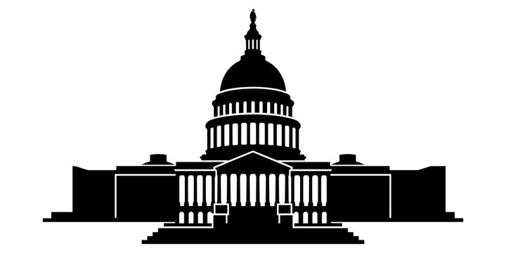 Black silhouette of the united states capitol building on a white background, washington dc