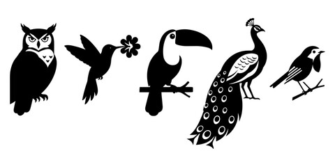 Fototapeta premium Silhouette collection of five different bird species on a white background hummingbird