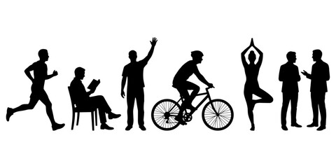 Obraz premium Black silhouettes of people running, reading, waving, cycling, doing yoga, and talking