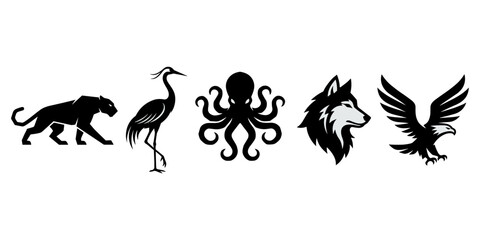 Naklejka premium Black animal silhouette panther, heron, octopus, wolf head, and flying eagle