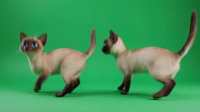 Adorable Siamese kittens playfully running and jumping on a vibrant green screen background