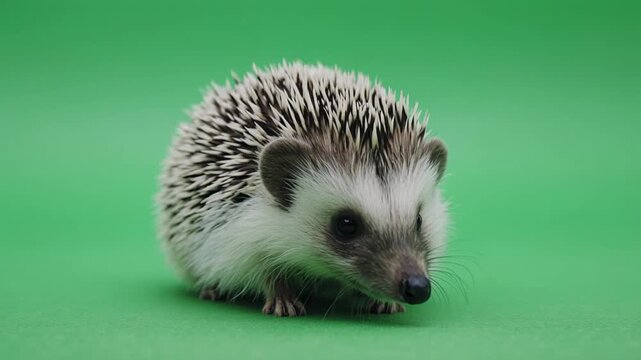 Adorable hedgehog posing with curious eyes on a vibrant green backdrop