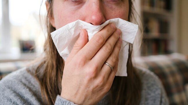 A person gently blowing their nose into a tissue indoors.