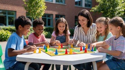 Fototapeta premium Diverse kids and woman play colorful board game outdoors. Children laugh and learn strategy at white table in schoolyard. Fun group activity promotes social skills and teamwork.