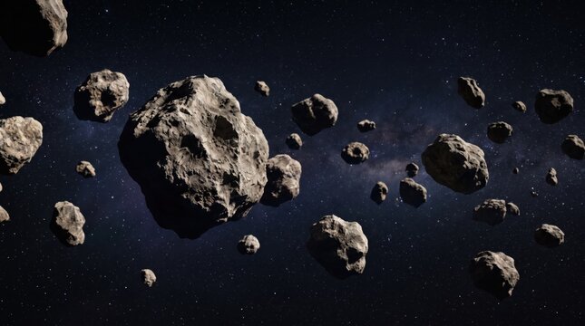 Realistic asteroid belt floating in deep space with stars background, science fiction universe and astronomy exploration concept