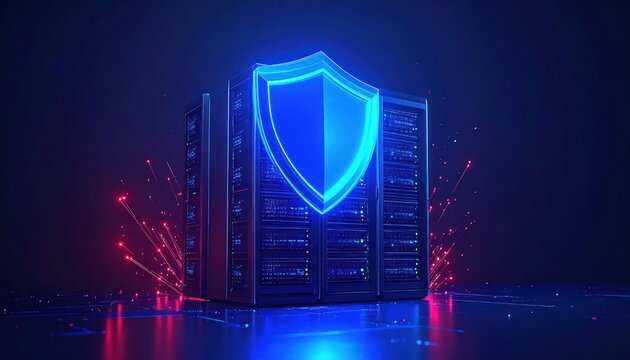 Cyber security shield on server protection.