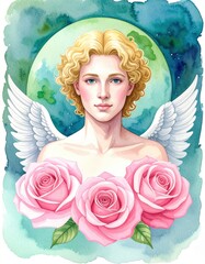 Naklejka premium A serene angelic figure with curly blond hair, surrounded by three pink roses and white wings, set against a watercolor celestial background.
