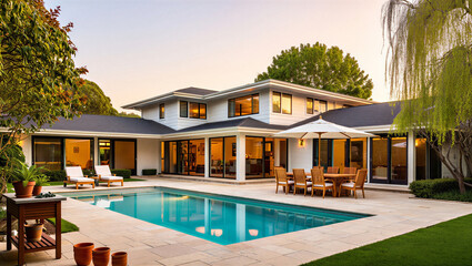 Fototapeta premium Backyard patio area with swimming pool and modern white house real estate backyard exterior
