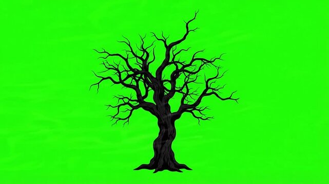Spooky dead tree silhouette isolated on a green screen background
