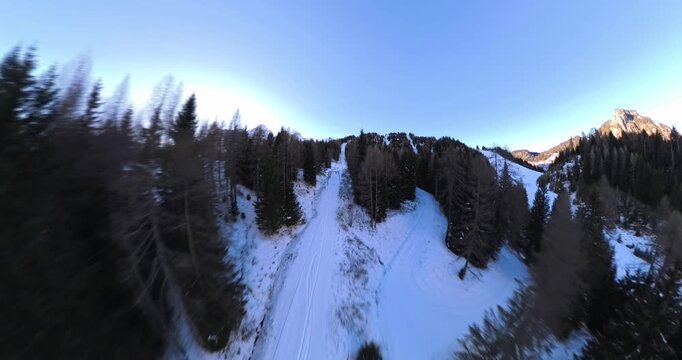 Drone view flying low along ski lift line and snow covered slope surrounded by pine forest in Giau Pass, Italy. Aerial forward