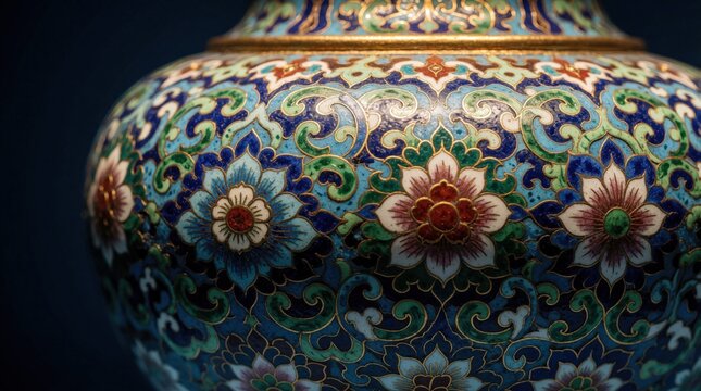 Intricate cloisonne vase shows floral patterns with blue green colors and gold trim. Detailed ancient Asian ceramic art object, traditional craft. Home decor detail.