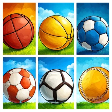 Vibrant Sports Balls Illustration Set: Football, Basketball, Soccer, Baseball, and Volleyball Artwork for Games
