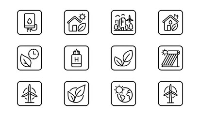 Fototapeta premium Set of black line icons for green energy and sustainable environment development solutions