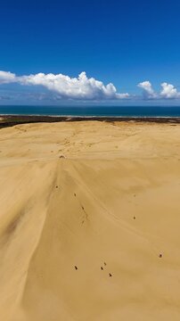 Vertical aerial of sandboarding at Giant Sand Dunes, New Zealand