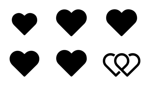 Black heart shapes collection featuring varied styles and double interlocking hearts vector graphic.