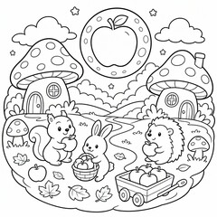 Fototapeta premium Autumn Woodland Coloring Page: Adorable woodland creatures including a squirrel, rabbit, and hedgehog gather amidst whimsical mushroom houses and an apple harvest, ready for creative coloring fun.