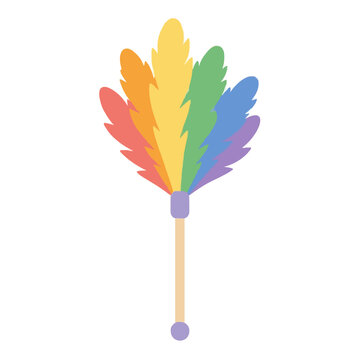 Rainbow colored feather duster wand hand traced vector icon illustration with multicolored plume plumes in red orange yellow green blue purple on wooden handle with purple accents isolated on white