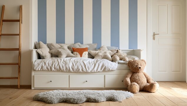 Cozy Modern Children Bedroom Interior with Striped Wallpaper and Teddy Bear.