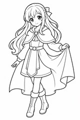Fototapeta premium Anime Girl with Cape and Boots: A stylized anime character with flowing hair, wearing a cape, dress, and boots, stands gracefully in a simplified illustration.