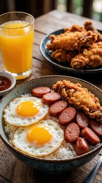Filipino breakfast bowl with white rice, fried eggs, sliced hot dogs, crispy fried chicken. Traditional breakfast meal served in ceramic bowl on wooden table. Side of orange juice, chili sauce for