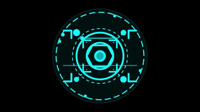 Futuristic glowing cyan HUD user interface element with circular target aiming reticle for sci-fi user screen displays