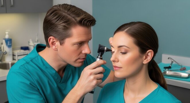 Doctor examining patient's ear with otoscope in modern medical office. Healthcare concept.