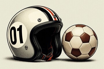 Vintage motorcycle helmet with number zero one, classic soccer ball side by side. Retro racing gear, sports equipment on light background. Concept of hobby, active lifestyle, masculine interests like