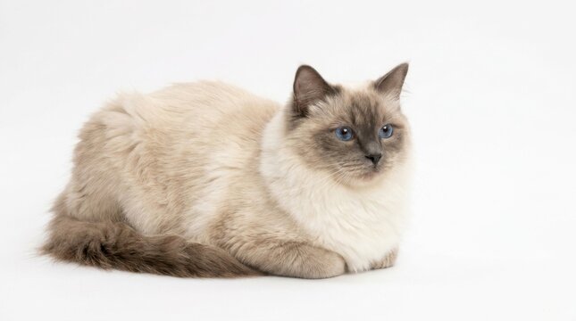 Beautiful Ragdoll Cat Relaxing on a White Background.