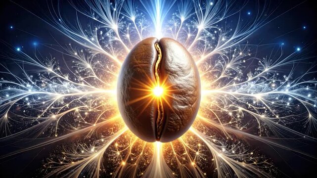 A glowing coffee bean radiates energy, surrounded by luminous, branching patterns