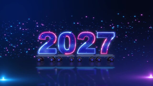 Electric 2027 numbers rolling platforms violet particles dark futuristic scene. year change reveals, business milestones, digital countdowns, 19 launches, celebration openers, cinematic