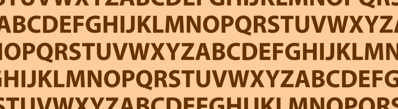 A horizontal banner featuring a repeating pattern of dark brown uppercase alphabet letters on a light beige background.