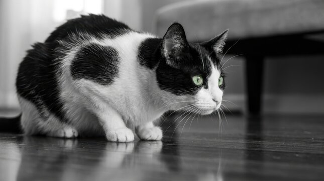 Black and white cat crouched on wooden floor looking intently.